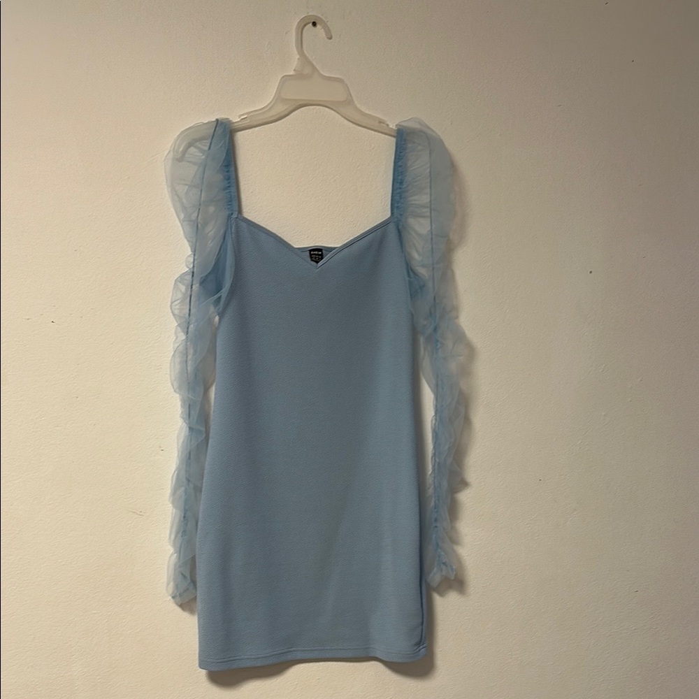 Elegant Blue Dress with Sheer Sleeves